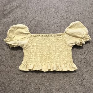 Ghanda Yellow Smocked Puff Sleeve Crop‎ Top Linen Cotton Size S
